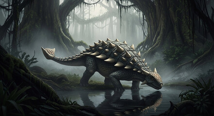 An ankylosaurus dinosaur in a dark and misty prehistoric swamp