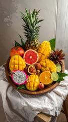 Fresh fruit platter on wooden bowl