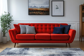 Fototapeta premium Bright Sofa in Scandinavian Interior with Wooden Elements and White Walls