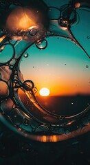 Obraz premium Sunset through bubbles: captivating contrast of warm and cool tones in nature's beauty