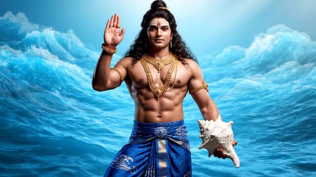 Muscular Indian God Varuna with Conch Shell - A muscular Indian man, costumed as the Hindu god Varuna, holds a conch shell.