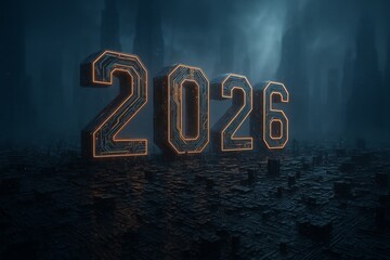 Futuristic digital 2026 glowing numbers rising from dark circuit cityscape background representing high-tech celebration of new year innovation. Ai generative