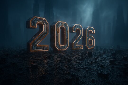 Futuristic digital 2026 glowing numbers rising from dark circuit cityscape background representing high-tech celebration of new year innovation. Ai generative - Powered by Adobe