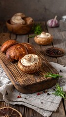 Fresh mushrooms on wooden board