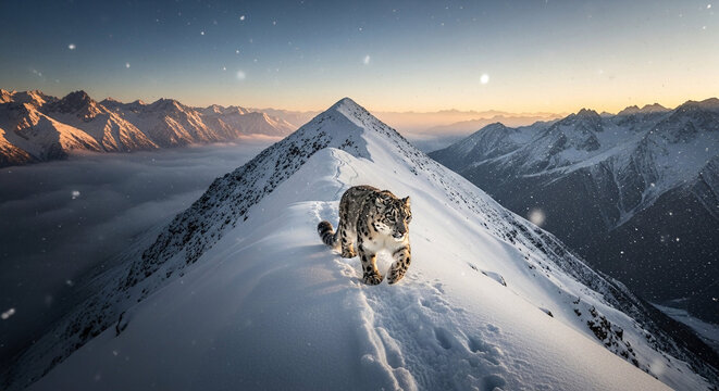 A snow leopard walking on a narrow, snowy mountain ridge