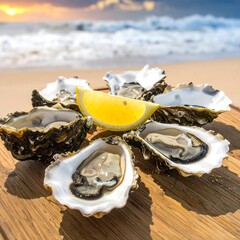 Fresh oysters on a wooden board by the beach