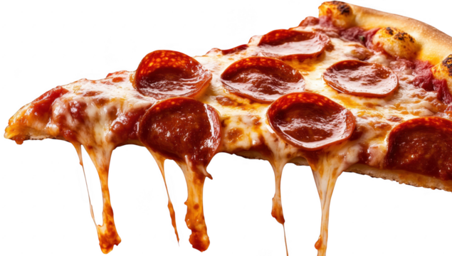 A delicious slice of pepperoni pizza with gooey cheese stretching. its appetizing toppings against a clean white background. perfect for food-related content