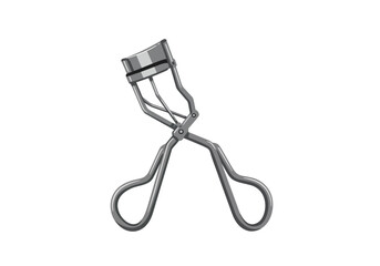 A silver eyelash curler stands open with black rubber padding against a white backdrop