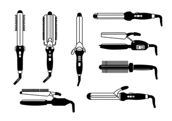 A visual compilation of various hair curling tools presented in a monochrome graphic style