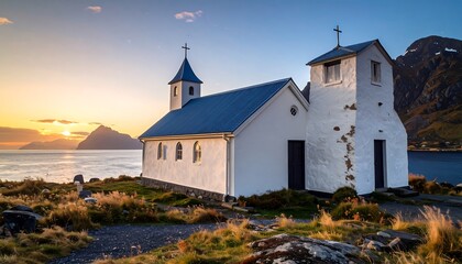 Coastal church at sunset