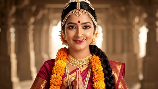 Indian Woman Dressed as Goddess Parvati - A photorealistic video of a young Indian woman in traditional attire, adorned with marigold garlands and jewelry, resembling the Hindu goddess Parvati.