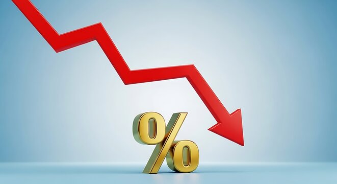Gold percentage symbol falls with red downward arrow
