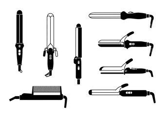 Blackandwhite graphic of various hair styling tools