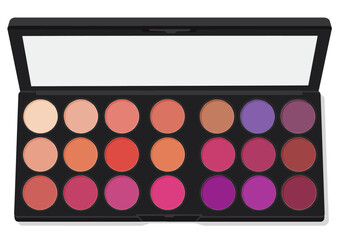 Eye shadow palette black case with 21 round pans of colors ranging from nude to purple Open case shows a mirror
