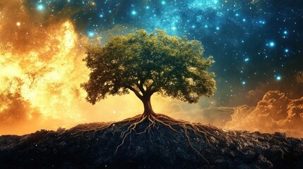 Majestic tree on a cosmic hill