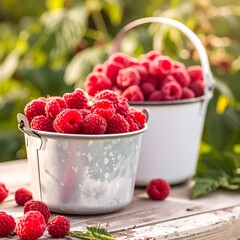 Fresh raspberries in buckets