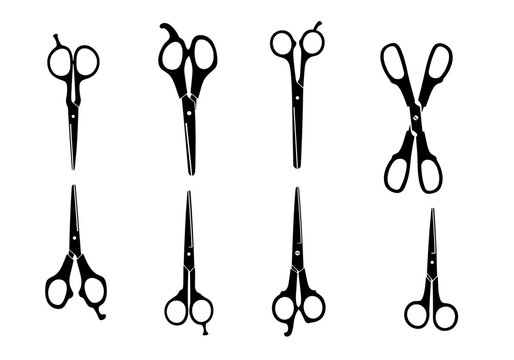 Eight black scissors illustrations in two rows on a white background some open and closed
