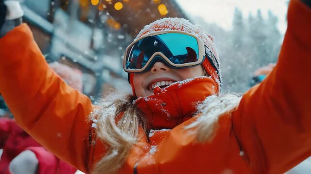 A young Caucasian girl with long blonde hair smiles while wearing an orange winter jacket and ski goggles. Snow falls around her in a snowy landscape.