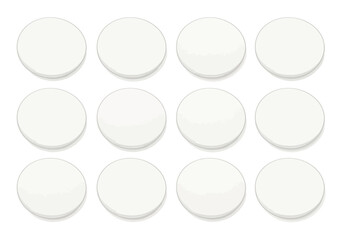 Twelve round white pills are arranged in a grid pattern on a white surface