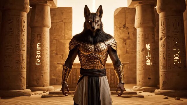 Jackal-Headed Guardian in Desert Shrine - A powerful jackal-headed guardian stands in an ancient desert shrine, his golden armor gleaming in the soft light.