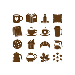 Vector illustration of coffee brewing equipment, cups, mugs, pastries, and coffee beans, ideal for baristas, coffee shop branding, bakery designs, and breakfast-themed projects.