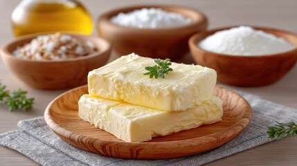 Two Pieces of Butter Stacked on Wooden Plate in Rustic Kitchen Still Life with Wooden Bowls and Oil Bottle