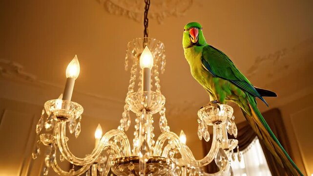 Elegant Dining Room Featuring a Luxurious Chandelier with a Colorful Parrot Gracefully Perched Above on a Grand Table Surrounded by Classy Interior Decor Elements