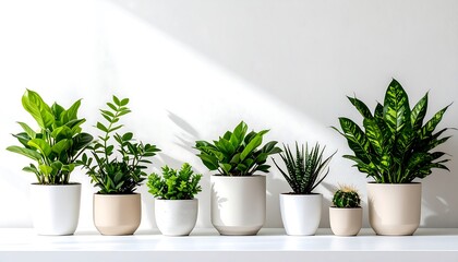 Potted plants in sunlight on a white shelf