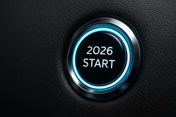 Futuristic glowing start button with "2026 START" text on dark leather background symbolizing new beginnings and innovation for the new year 2026. Ai generative