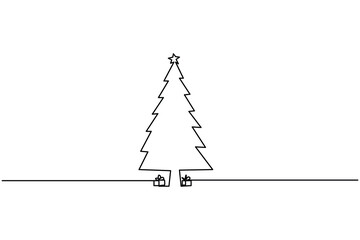 Minimalist one line drawing of a Christmas tree with a star on top, simple festive art for holiday designs