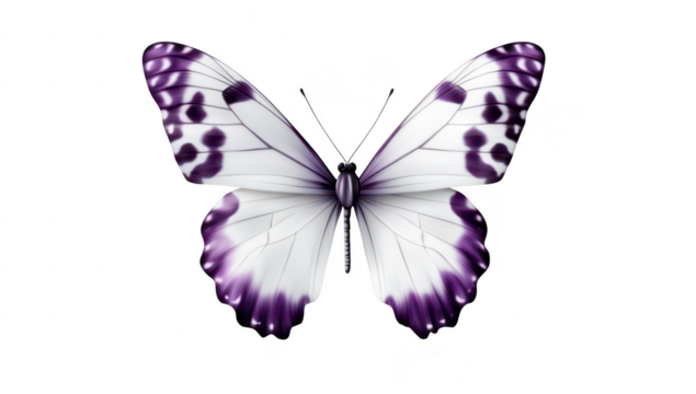 A beautifully detailed illustration of a purple and white butterfly. its intricate wing patterns against a soft. transparent background. ideal for nature-themed designs and educational purposes