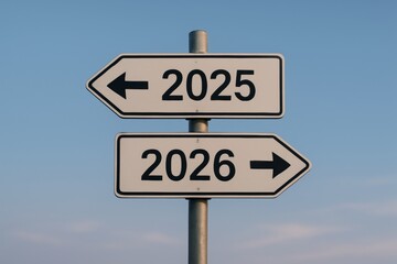Road sign with arrows pointing to 2025 and 2026 symbolizing choice and future direction on a clear day with blue sky background. Ai generative. Ai generative