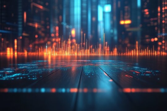 Vibrant urban skyline at night with colorful data visualization lights on wooden floor