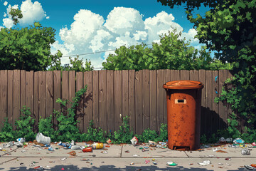Flat Vector Landscape Featuring Trash Can and Wooden Fence