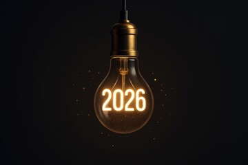 Glowing light bulb displaying 2026 celebrating new year on dark background with sparks and golden illumination concept of futuristic innovation decor. Ai generative