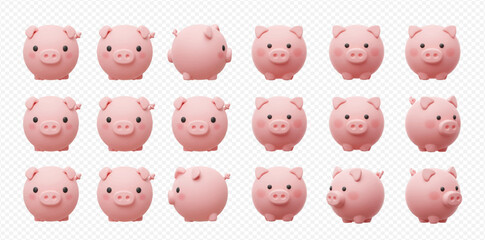 Multiple adorable pink pig characters rendered in 3D, showcasing various angles against a transparent backdrop.