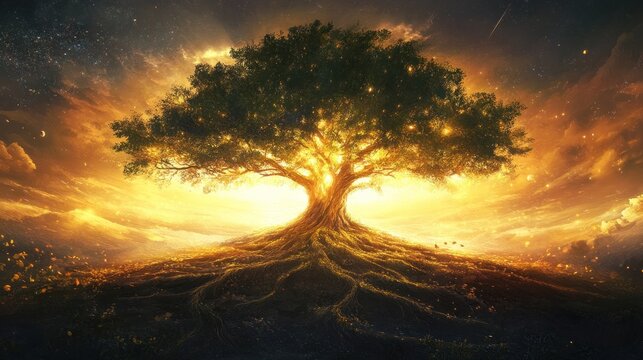 Illuminated ancient tree