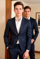 Two young men in stylish suits posing for a formal portrait