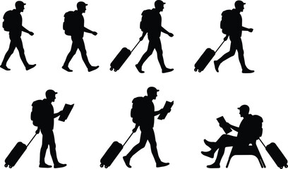 Traveler silhouette walking, standing, sitting, reading map, carrying backpack, pulling suitcase, airport journey, tourism lifestyle, passenger movement, vector illustration