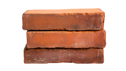 A stack of three rustic red bricks resting on a white background. their textured surfaces and earthy tones. ideal for construction and architectural design imagery