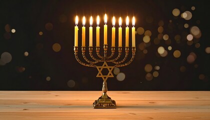 Fototapeta premium A lit Hanukkah menorah with nine candles glowing brightly against a dark, bokeh-filled background, placed on a wooden surface.