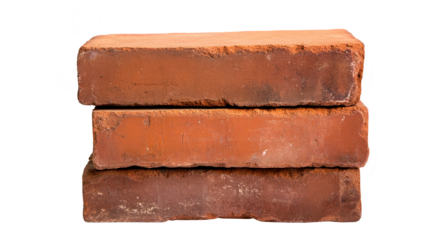 A stack of three rustic red bricks resting on a white background. their textured surfaces and earthy tones. ideal for construction and architectural design imagery