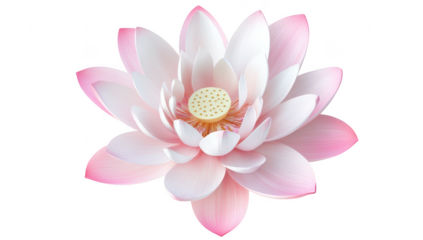 A beautifully rendered pink and white lotus flower in full bloom. delicate petals and a central stamen. set against a clean white background. ideal for nature-themed projects and designs