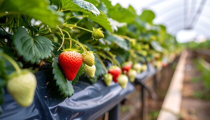 Fresh strawberries in a greenhouse