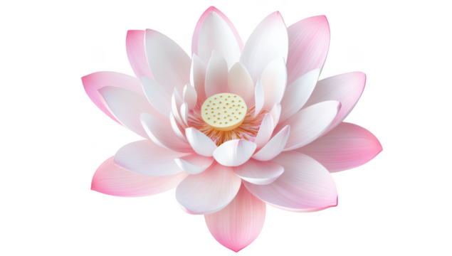 A beautifully rendered pink and white lotus flower in full bloom. delicate petals and a central stamen. set against a clean white background. ideal for nature-themed projects and designs