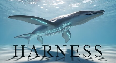 Sci-fi bioluminescent whale creature with glowing circuitry above HARNESS word technology digital deep ocean futuristic AI