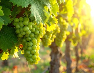Fresh green grapes on vine at sunset