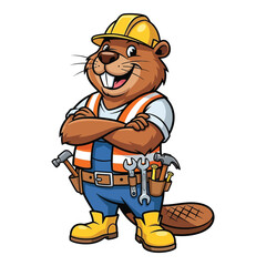 Happy cartoon beaver construction worker with tools ready for building projects © MD Riad Hossain 
