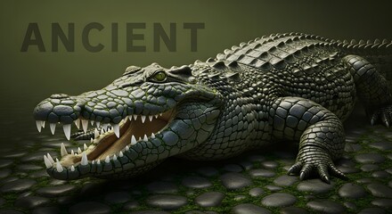 Fototapeta premium Mighty prehistoric ancient crocodile with menacing open mouth alligator reptile predator scales green eye moss stones