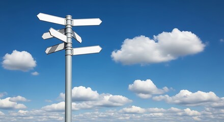 Decision point signpost against a bright blue sky with fluffy clouds